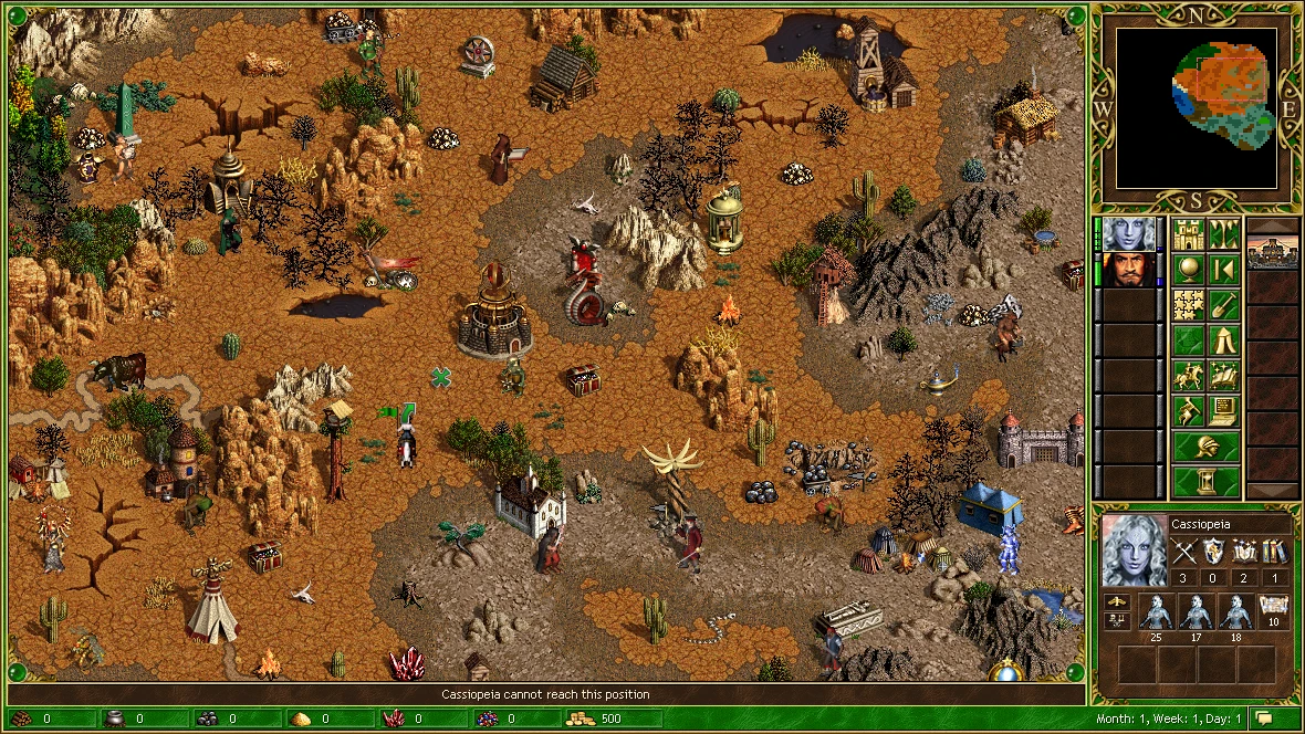 Gameplay screenshot showing a desert-themed map with heroes and buildings from Horn of the Abyss mod for Heroes of Might and Magic III