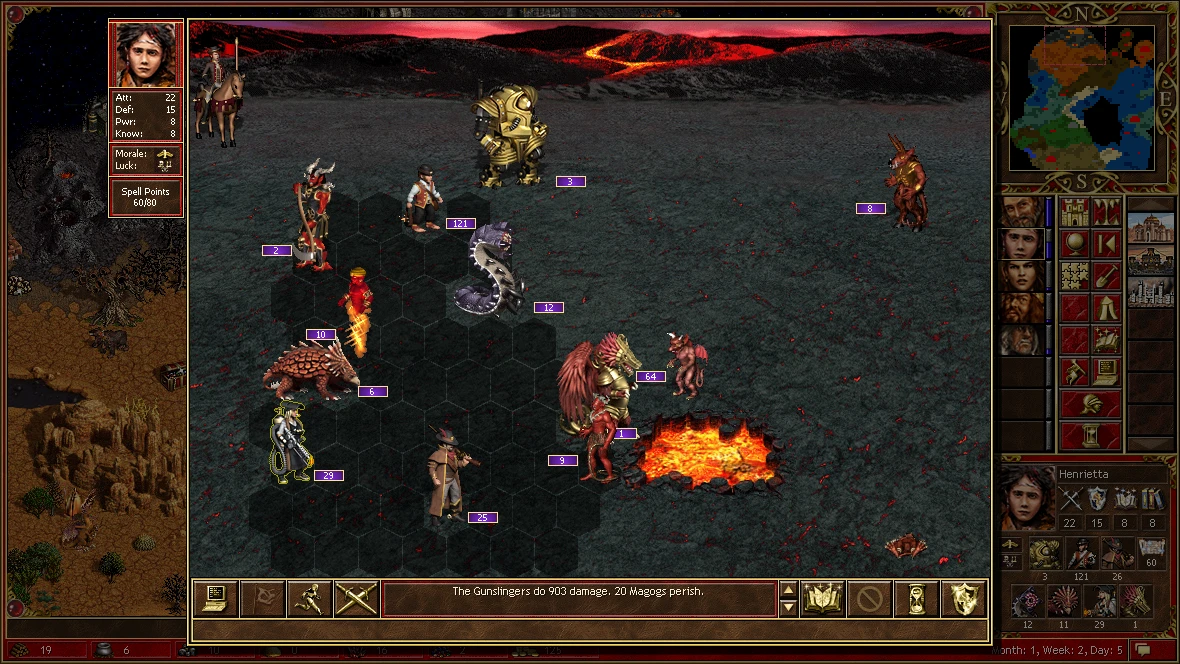Heroes of Might and Magic III Horn of the Abyss mod showing hero with various creatures engaged in battle on volcanic terrain