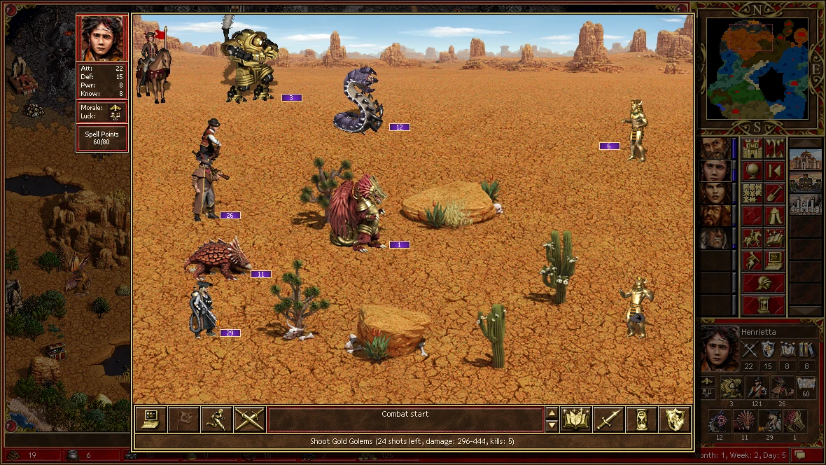 Turn-based combat scene in Heroes of Might and Magic III Horn of the Abyss showing desert units and hero stats