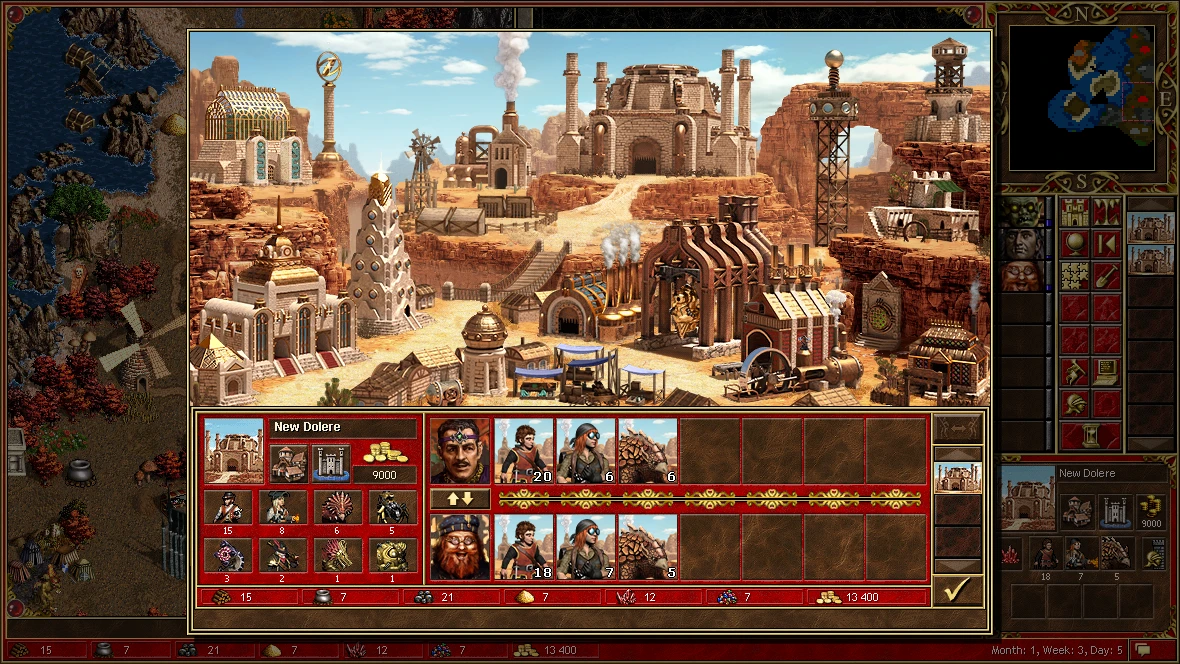 Screenshot showing the town view and hero army management of New Dolere in Horn of the Abyss mod for Heroes of Might and Magic III