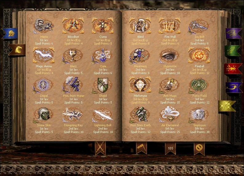 Open spellbook page showing various spell icons and descriptions in Heroes of Might and Magic III Horn of the Abyss mod