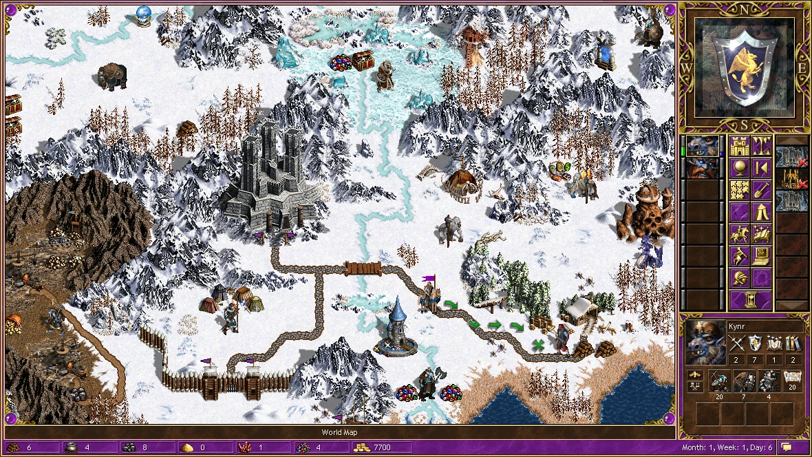 Screenshot showing a snowy landscape with castles, roads, heroes, and resources in Horn of the Abyss mod