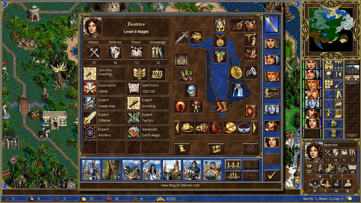 Screenshot showing hero Beatrice at level 8 with stats, skills, equipped items and army in Horn of the Abyss mod