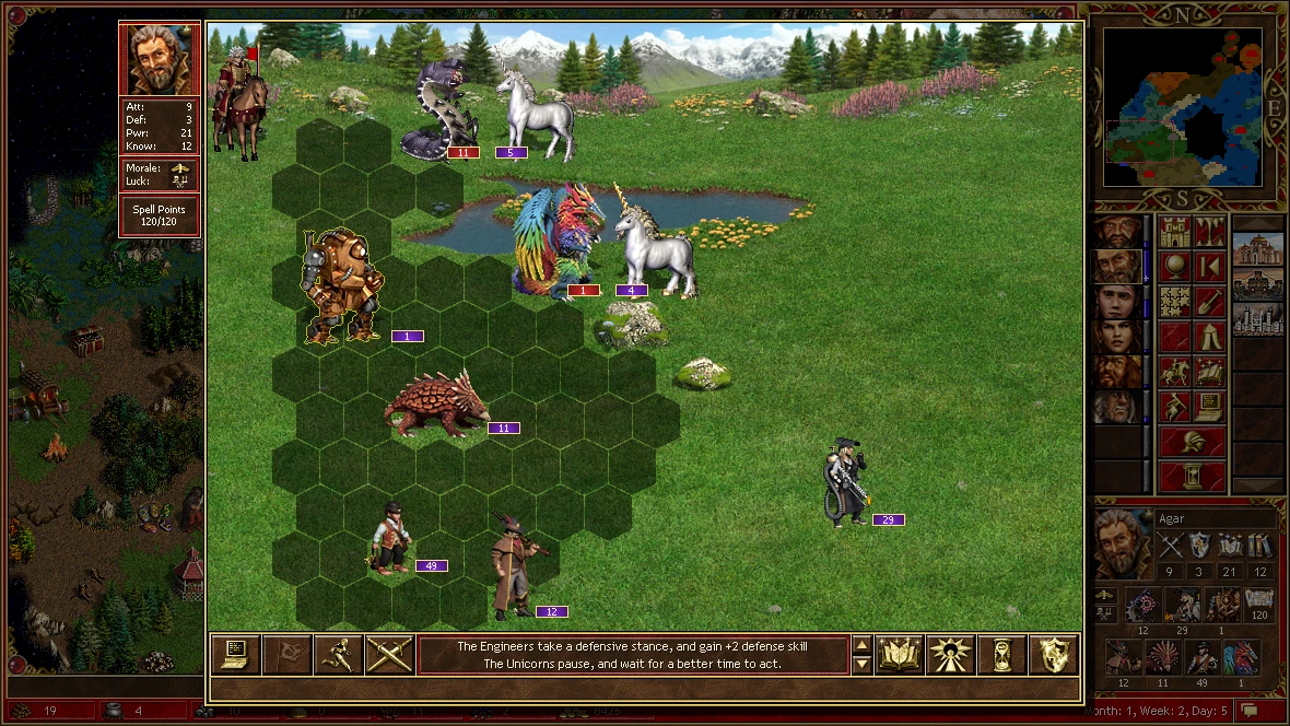 Heroes of Might and Magic III Horn of the Abyss mod battle screen showing diverse units on hex grid and hero stats