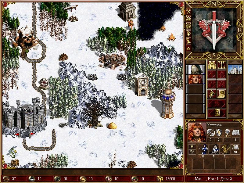 Mapa estratégico cubierto de nieve con panel de héroe y ciudad en el mod Legend of the Red Dragon para Heroes of Might and Magic III