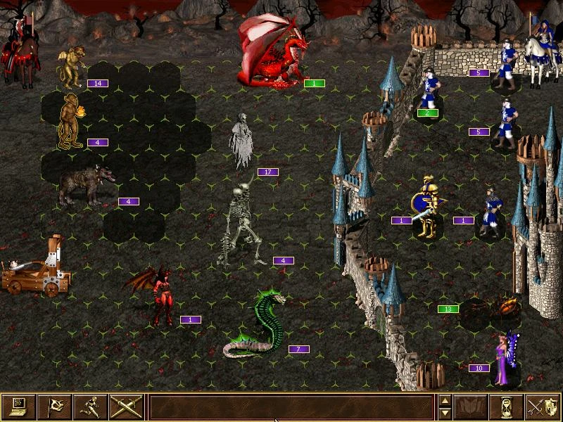 Pantalla de combate táctico con varias criaturas, incluido un dragón rojo, esqueletos y caballeros atacando un castillo en el mod de Heroes of Might and Magic III