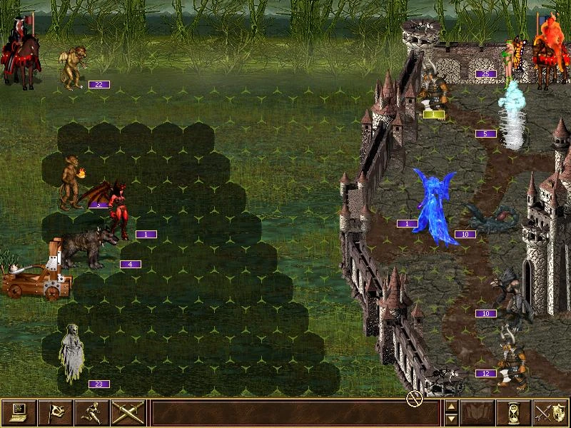 Escena de batalla en Heroes of Might and Magic III con unidades en hexágonos, un castillo y criaturas elementales invocadas