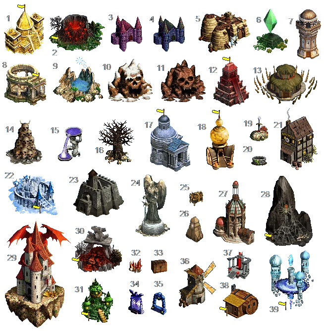 Cuadrícula de 39 íconos de edificios diferentes del mod Legend of the Red Dragon en Heroes of Might and Magic III