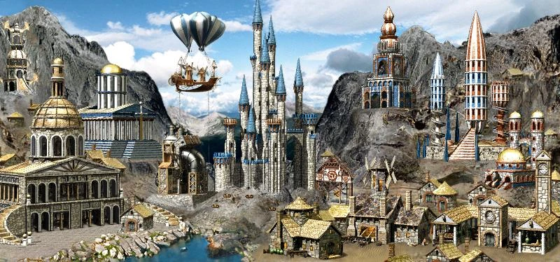 Ciudad fantástica detallada con castillos, torres, molino y dirigible sobre montañas en mod de Heroes of Might and Magic III