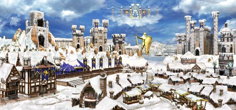 Paisaje invernal con torres de castillo medieval cubiertas de nieve y edificios de pueblo en el mod Legend of the Red Dragon de Heroes of Might and Magic III