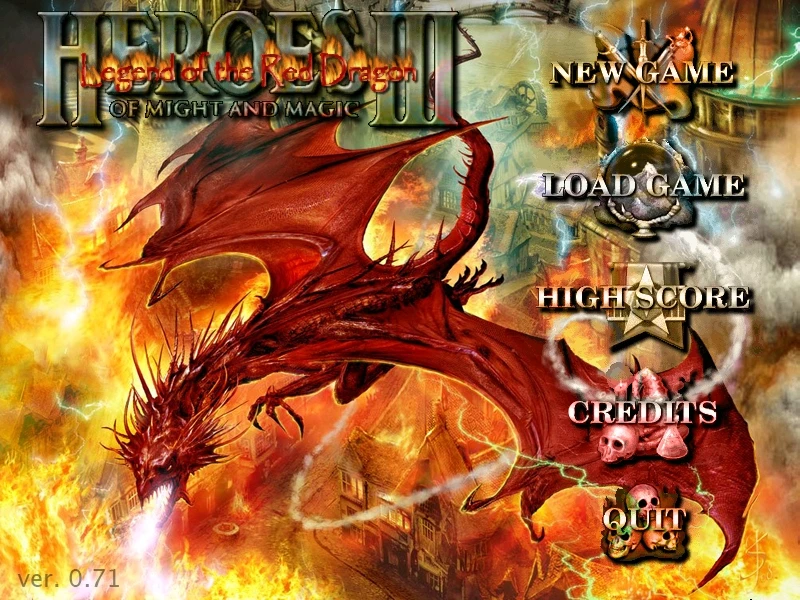 Pantalla del menú principal de Heroes of Might and Magic III con un dragón rojo escupiendo fuego y opciones Nuevo Juego, Cargar Juego, Puntuación, Créditos, Salir