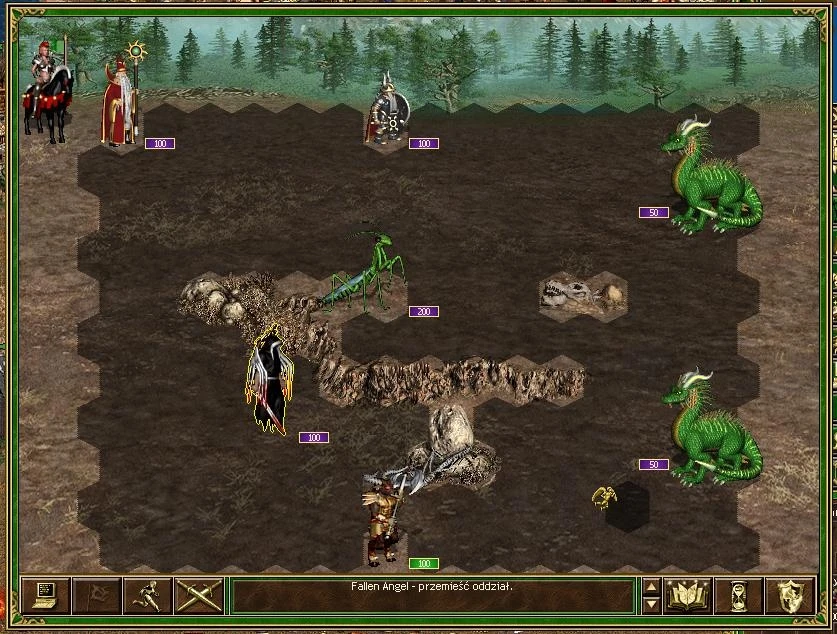 Escena de batalla por turnos en el mod Master of Puppets de Heroes of Might and Magic III con unidades diversas como dragones verdes y mantis religiosa