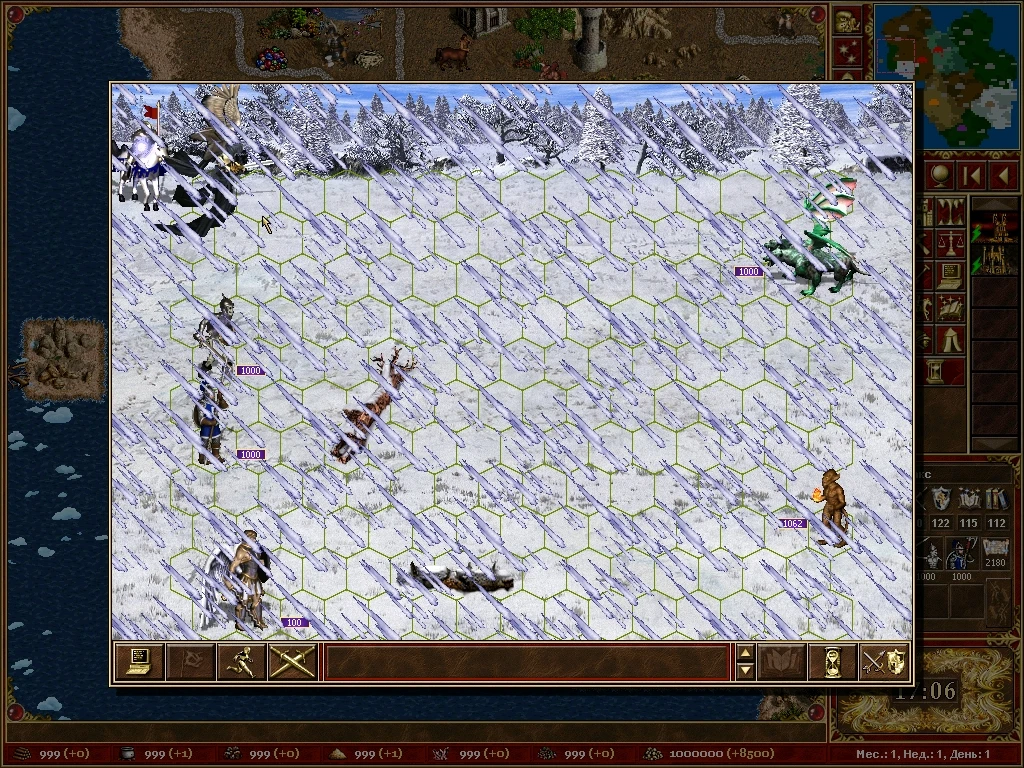 Pantalla de batalla de Heroes of Might and Magic III muestra unidades en terreno nevado con cuadrícula hexagonal bajo el mod Master of Puppets