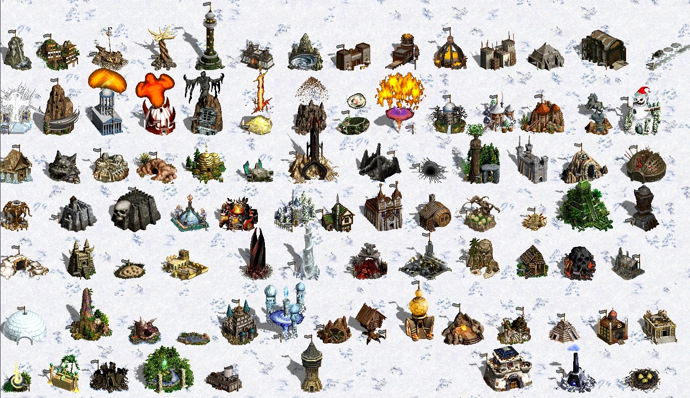 Captura de pantalla que muestra una gran variedad de edificios y monumentos únicos en un mapa nevado del mod Master of Puppets para Heroes of Might and Magic III
