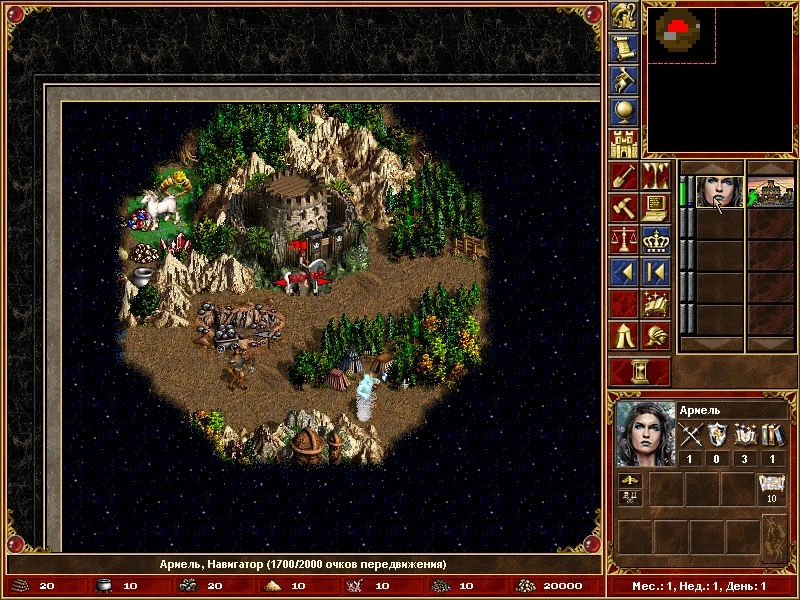 Interfaz del juego mostrando isla pequeña con castillo, criaturas y estadísticas del héroe en mod de Heroes of Might and Magic III