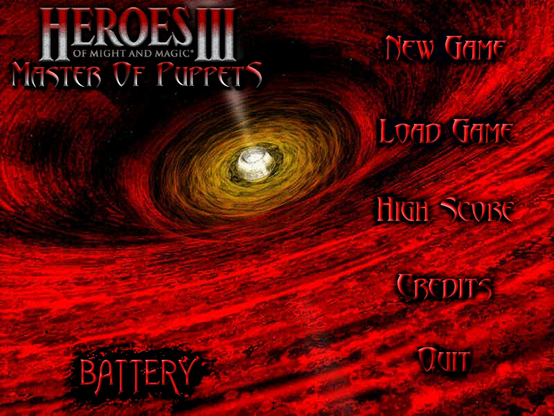 Menú principal del mod Master of Puppets para Heroes of Might and Magic III con opciones Nueva partida, Cargar partida, Puntuación alta, Créditos y Salir