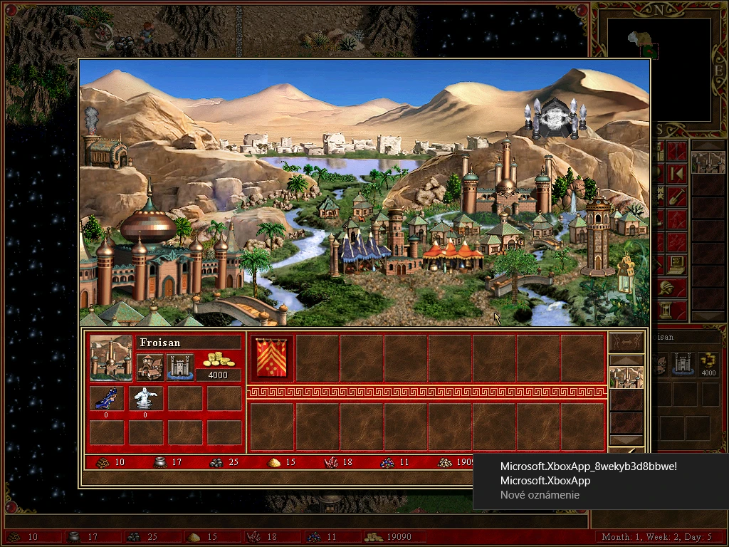 Captura de pantalla que muestra un pueblo del desierto con palacios, torres, ríos y edificios detallados en el mod Mythology de Heroes of Might and Magic III