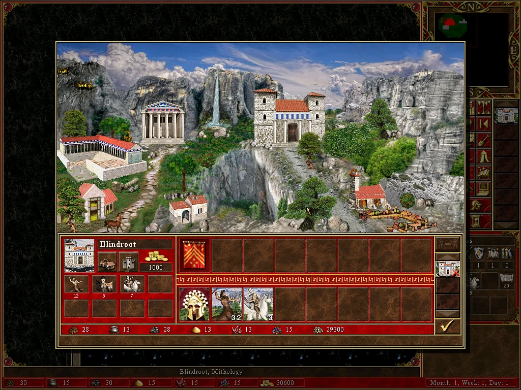 Captura de pantalla del mod Mythology para Heroes of Might and Magic III con ciudad de estilo griego antiguo, templos y paisaje montañoso