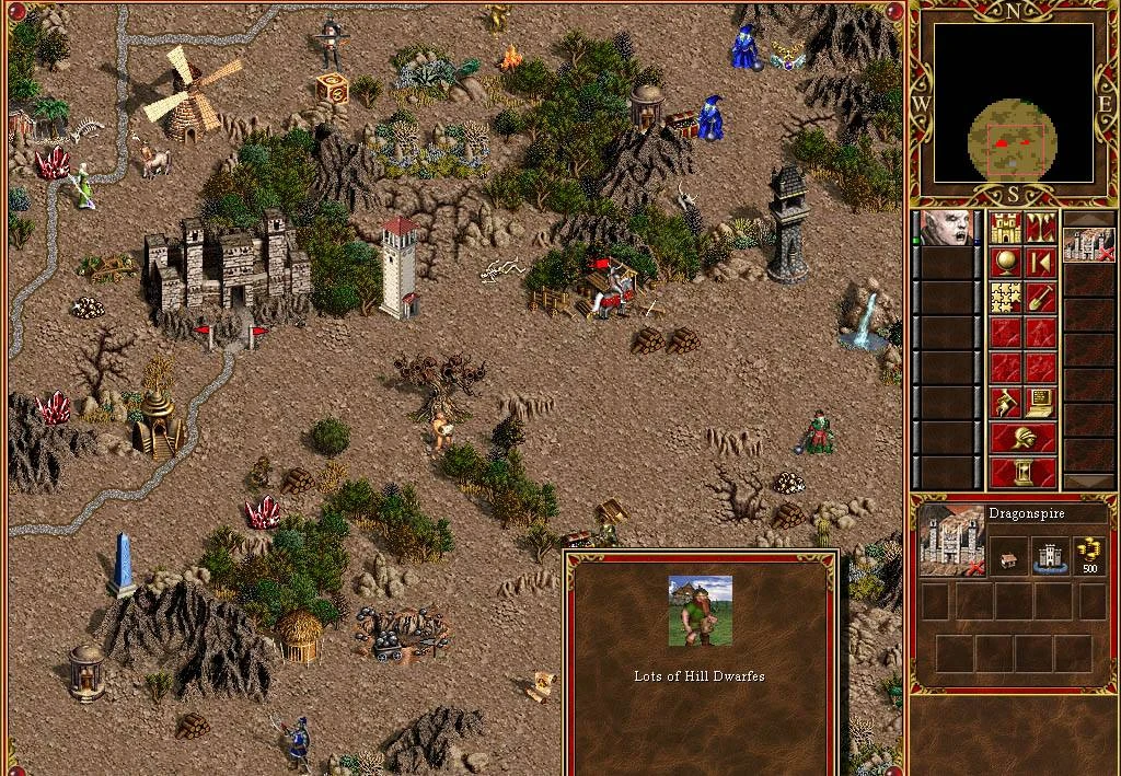 Captura del mod Mythology para Heroes of Might and Magic III mostrando mapa detallado con castillos y personajes