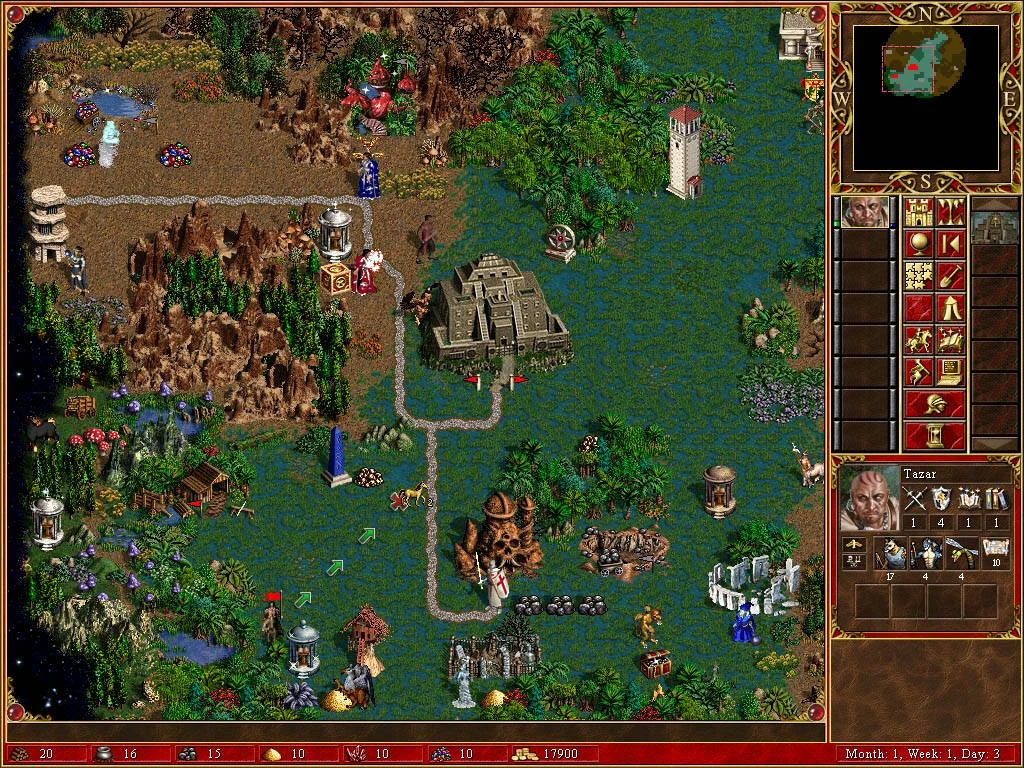 Captura de pantalla mostrando la jugabilidad de Heroes of Might and Magic III con héroes, terreno, edificios e interfaz del mod Mythology