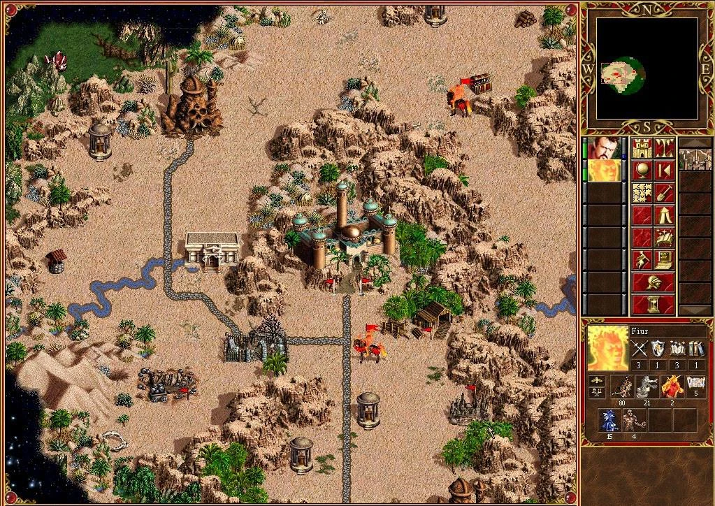 Captura de pantalla de terreno desértico con ríos, castillos y héroes en la interfaz del mapa del mod Mythology de Heroes of Might and Magic III