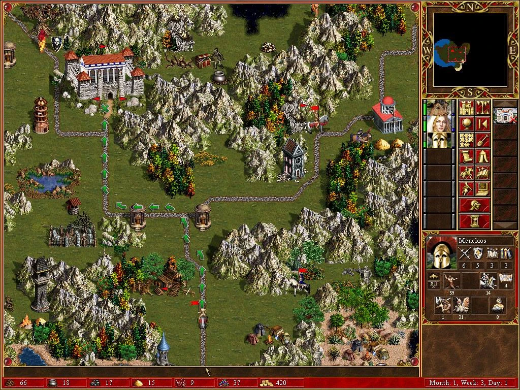 Vista del mapa con el héroe Menelao y tropas, varios edificios en el mod mitología de Heroes of Might and Magic III