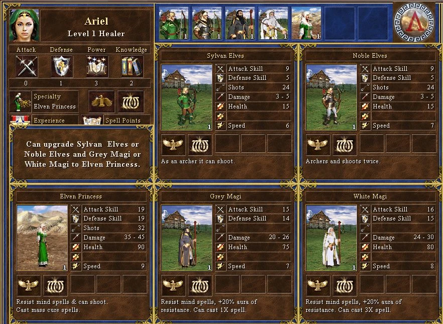 Pantalla del juego de Heroes of Might and Magic III mod Mythology mostrando al héroe Ariel y unidades élficas con estadísticas y mejoras