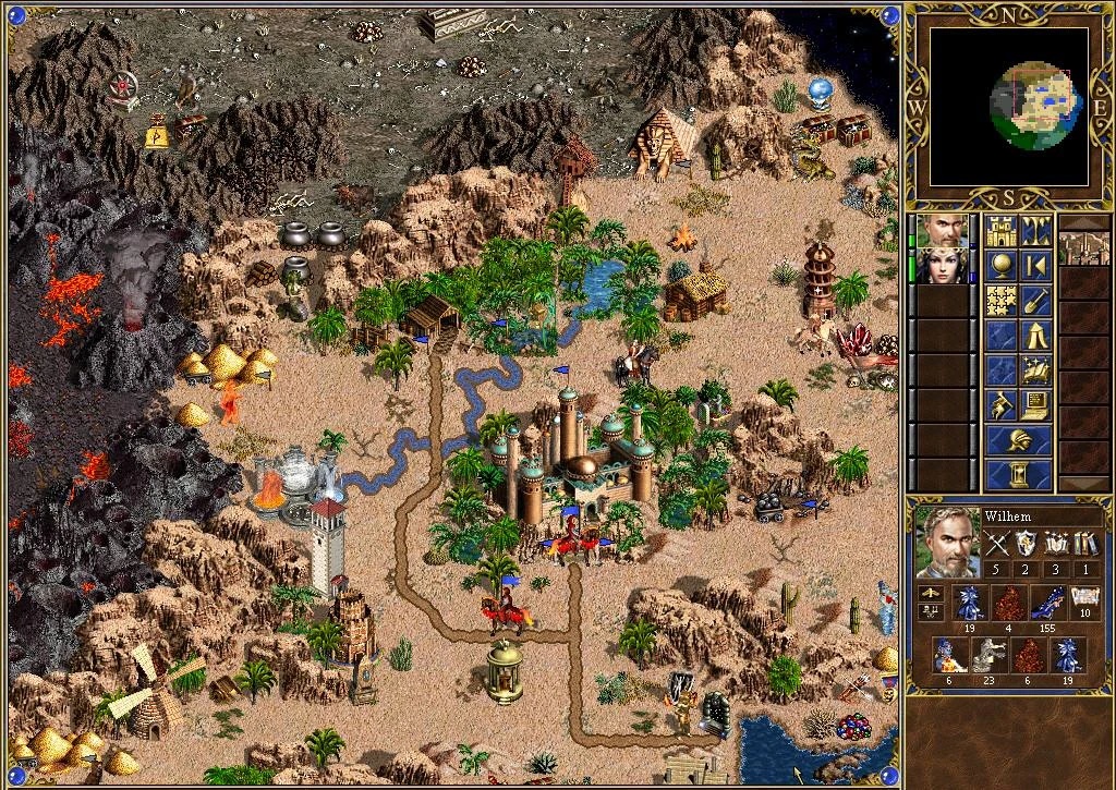 Captura de pantalla de Heroes of Might and Magic III que muestra un mapa desértico con castillos, montañas, lava y héroes del mod Mythology
