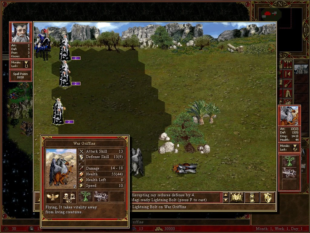 Pantalla de combate de Heroes of Might and Magic III mostrando estadísticas de Grifos de Guerra en mod Mythology