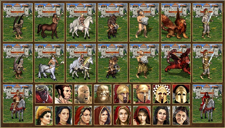 Captura de pantalla con unidades del mod Mitología y retratos de héroes con fondo de castillo clásico en Heroes of Might and Magic III