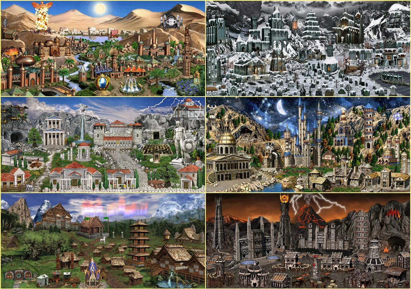 Seis mapas de ciudades fantásticos con arquitectura mitológica y medieval del mod de Heroes of Might and Magic III