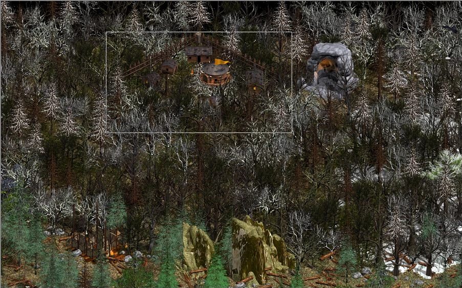 Bildschirmfoto einer verschneiten Waldkarte mit Gebäuden und Höhleneingang im Greatest Mod für Heroes of Might and Magic IV