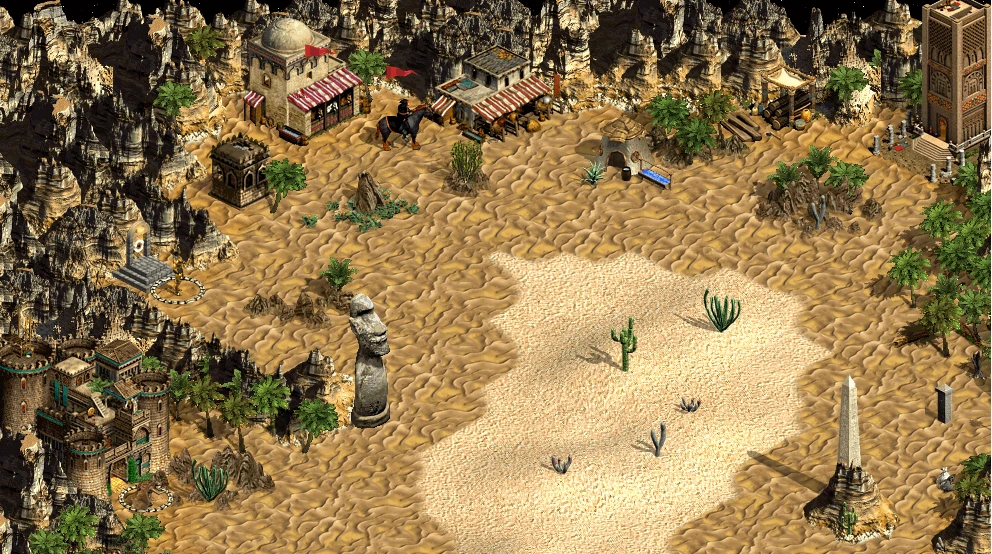 Spielbild zeigt eine Wüstenstadt umgeben von Felsen und Vegetation im Greatest Mod für Heroes of Might and Magic IV