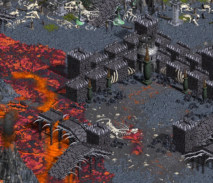 Spielbild zeigt eine dunkle Steinhaufenburg umgeben von Lava und Skelettresten im Greatest Mod von Heroes of Might and Magic IV