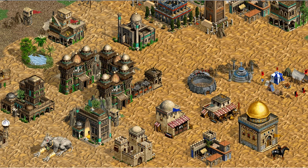 Detaillierte Wüstenstadt mit Gebäuden, Markt und Reiter im Greatest Mod von Heroes of Might and Magic IV