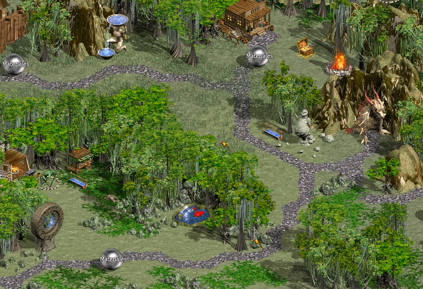 Screenshot aus Heroes of Might and Magic IV Greatest Mod mit Waldgebiet, Pfaden, einem Drachen und mystischen Objekten
