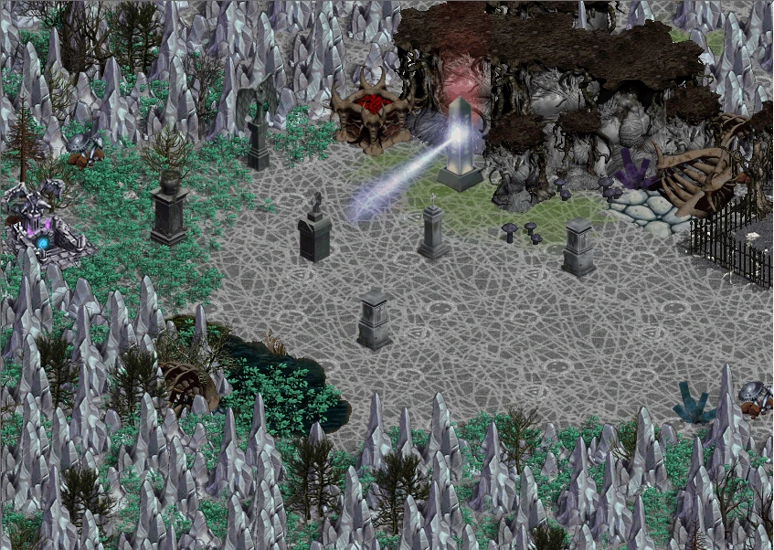 Spielaufnahme mit steinernen Säulen, leuchtendem Spaltlicht, skelettierten Überresten und felsigem Terrain im Greatest Mod von Heroes IV