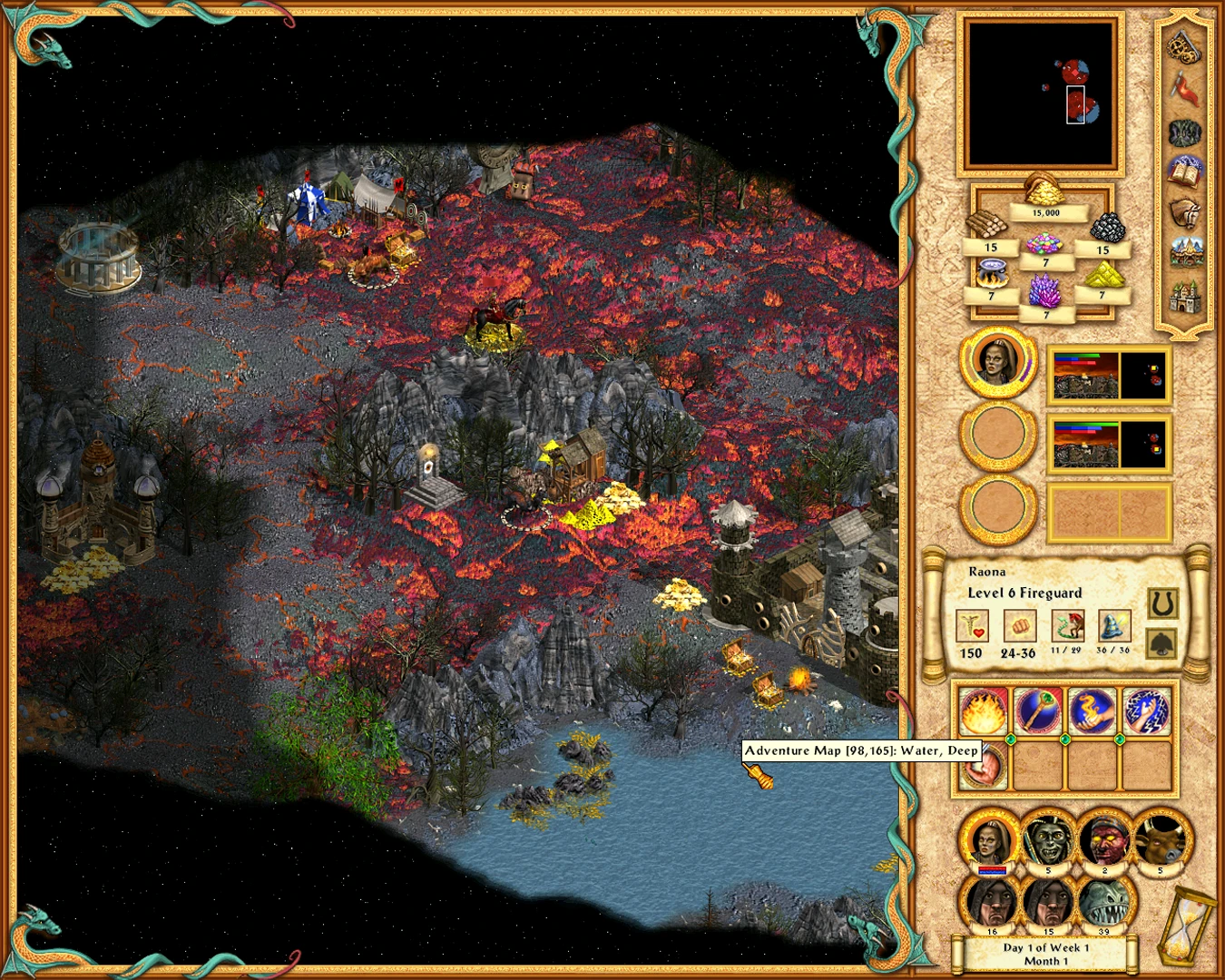 Screenshot zeigt feuriges, felsiges Gelände mit herbstlich gefärbten Bäumen und Steingebäuden im Greatest Mod für Heroes of Might and Magic IV