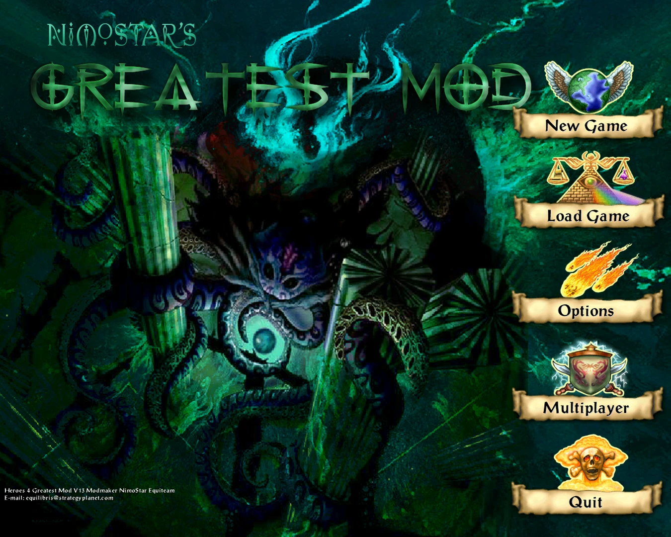 Hauptmenübildschirm des Heroes of Might and Magic IV Greatest Mod mit Optionen und Tentakelmonster-Kunst