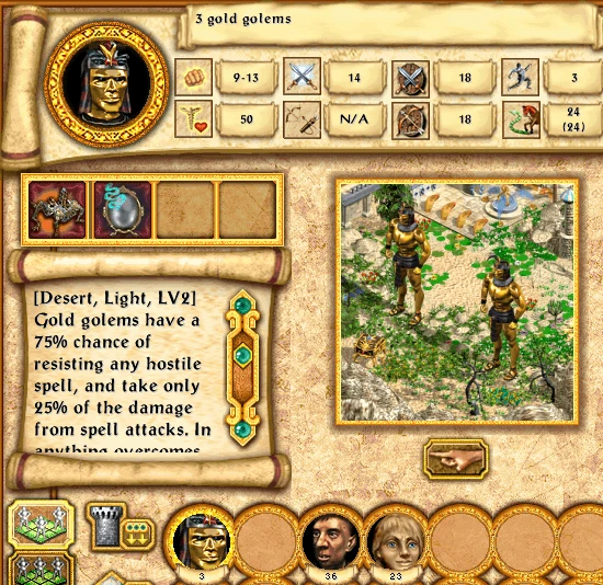Bildschirm zeigt Werte, Fähigkeiten und Widerstand der Goldgolems aus dem Greatest Mod für Heroes of Might and Magic IV