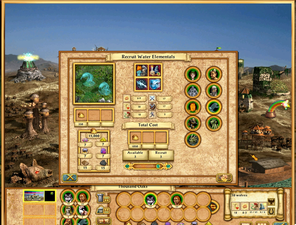 Game interface showing recruitment screen for Water Elementals with stats and resources in Heroes 4 Enhancement Mod