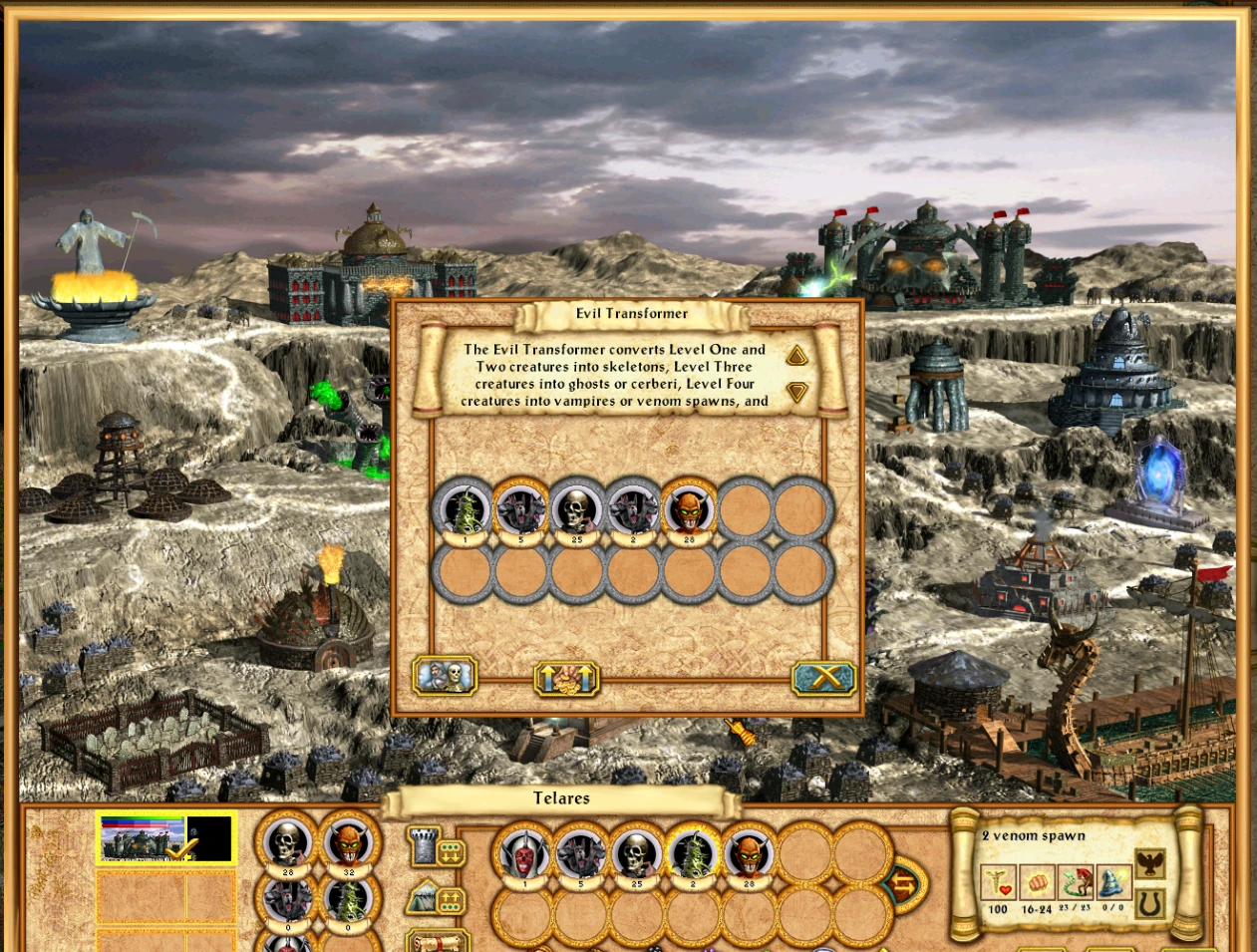 In-game view showing Evil Transformer converting different creature levels with dark fortress background in Heroes of Might and Magic IV