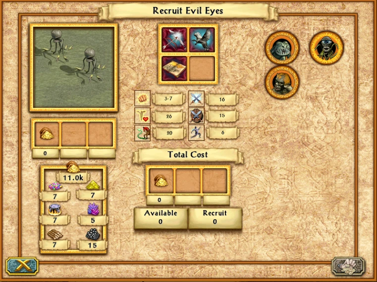 Screenshot of recruiting Evil Eyes showing stats, skills, and resource costs in Heroes of Might and Magic IV mod