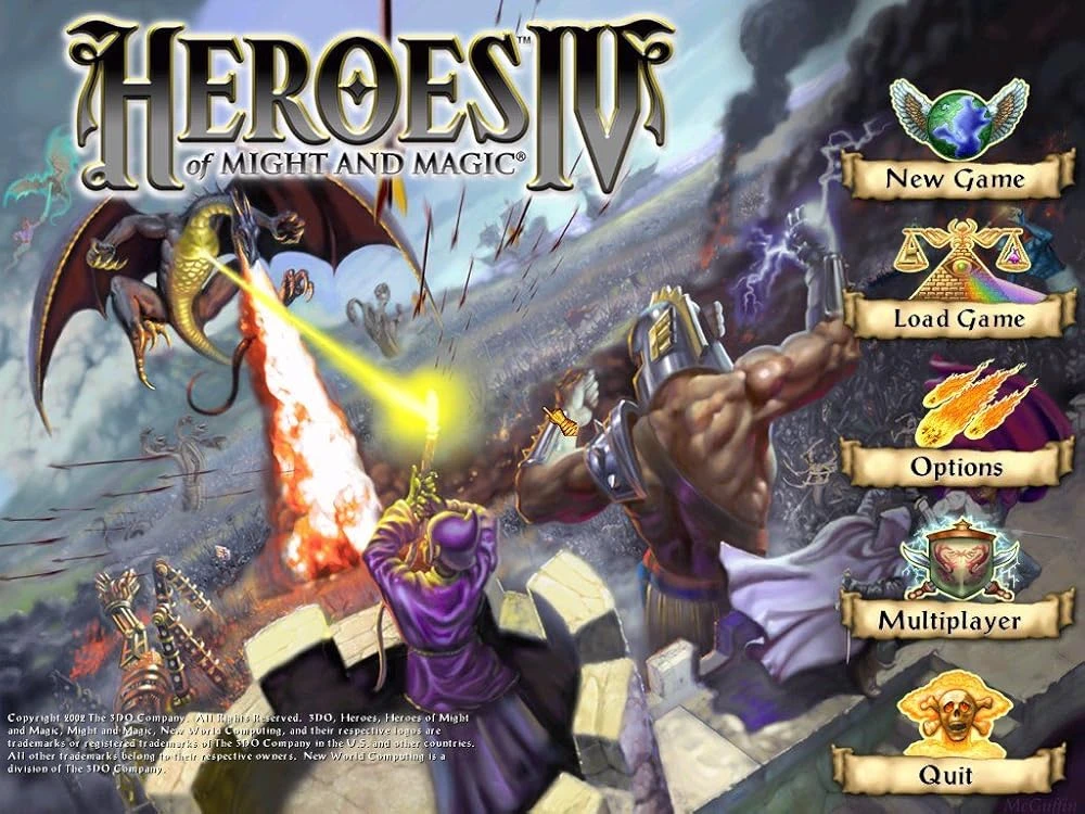 Main menu of Heroes of Might and Magic IV featuring a dragon breathing fire and warriors in battle