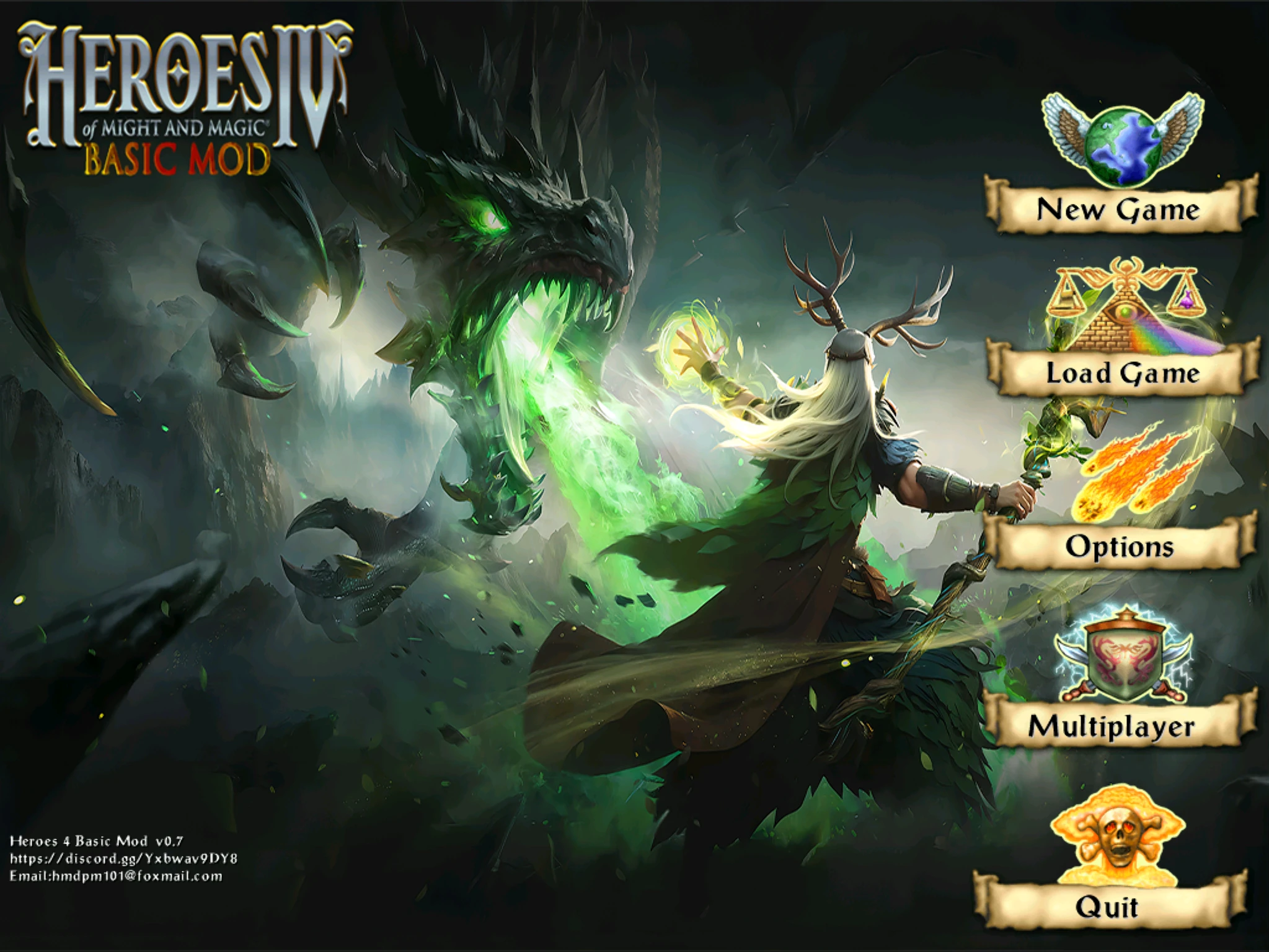Game menu screen of Heroes IV Basic Mod showing a druid casting a spell on a green glowing dragon