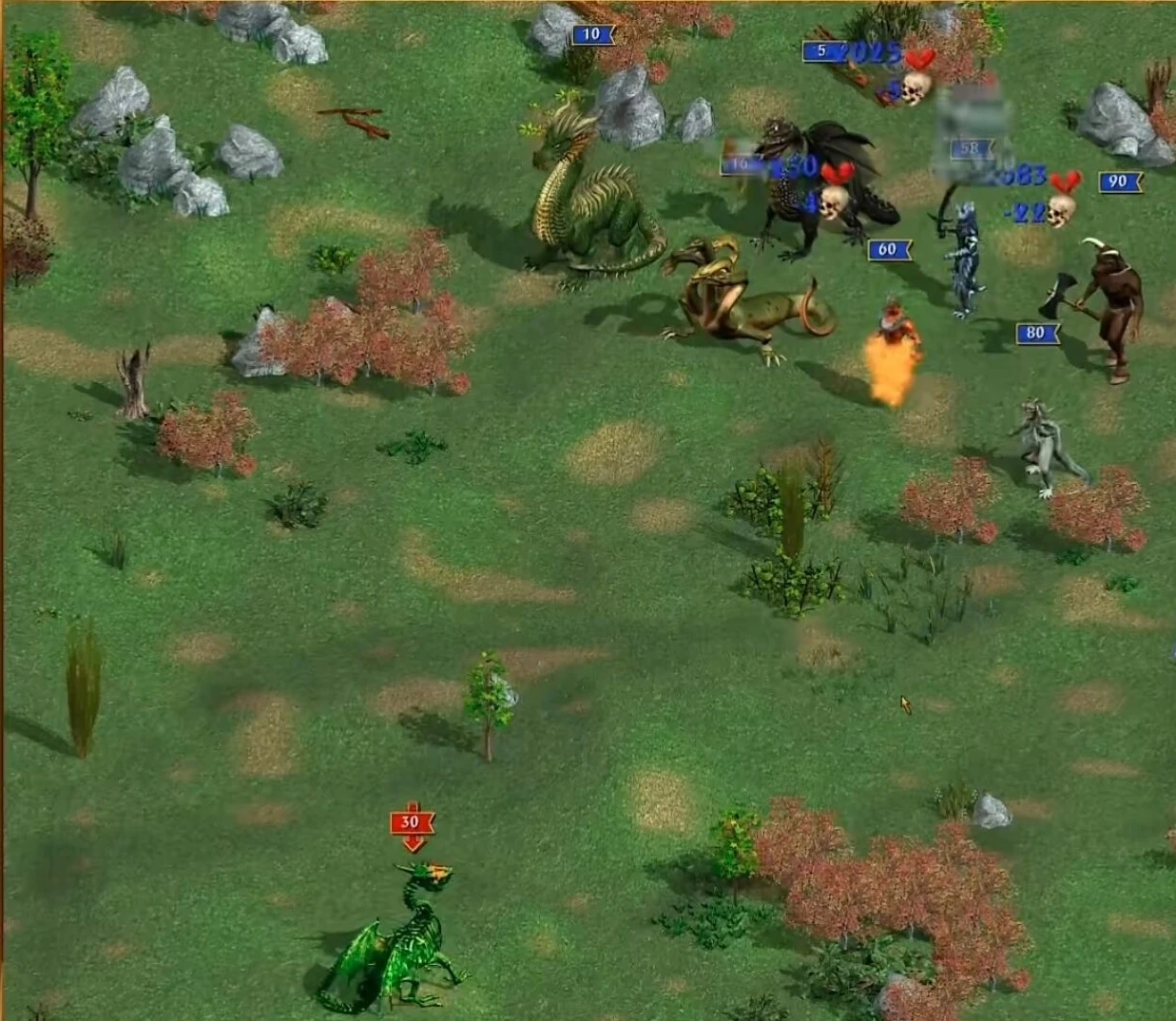 In-game screenshot showing diverse fantasy creatures engaged in battle on a grassy terrain in Heroes of Might and Magic IV Basic Mod
