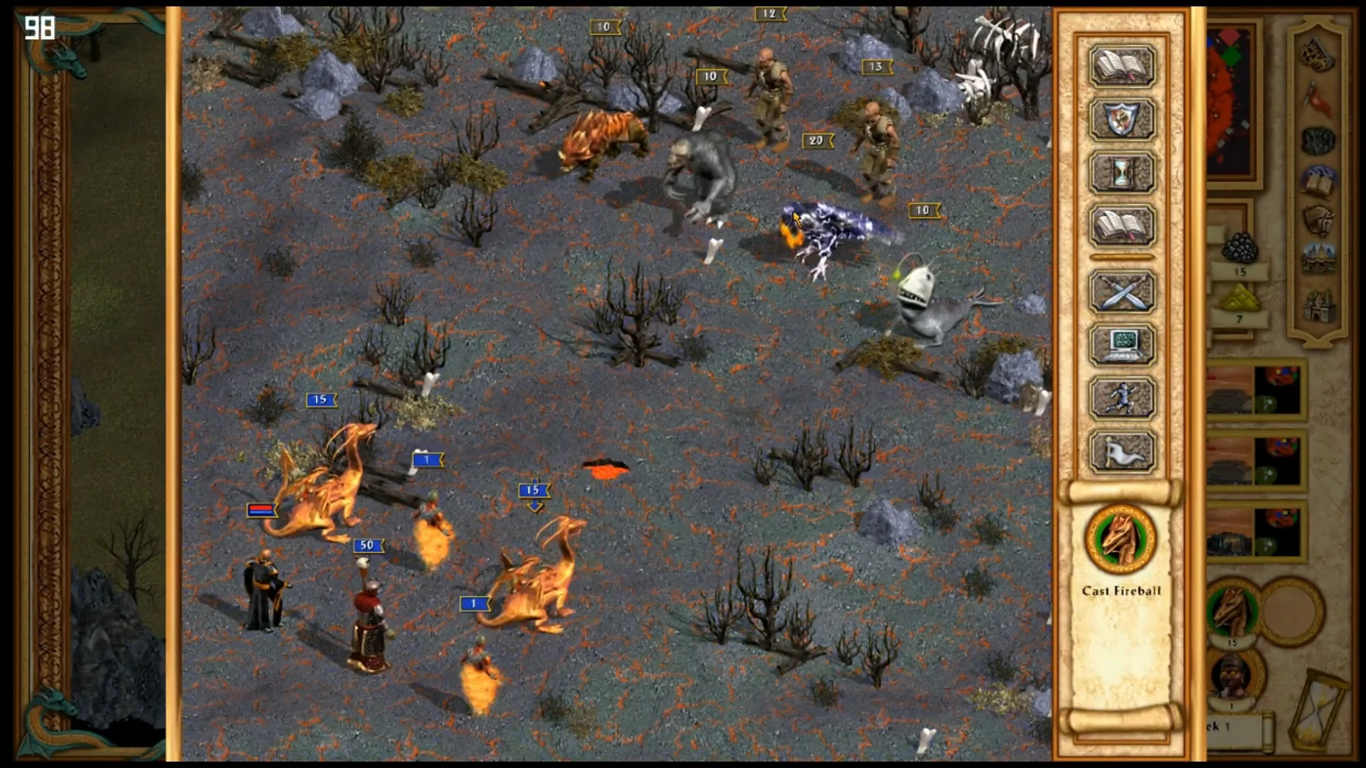 In-game screenshot showing a tactical battle with dragons and fire spells in Heroes of Might and Magic IV Basic Mod