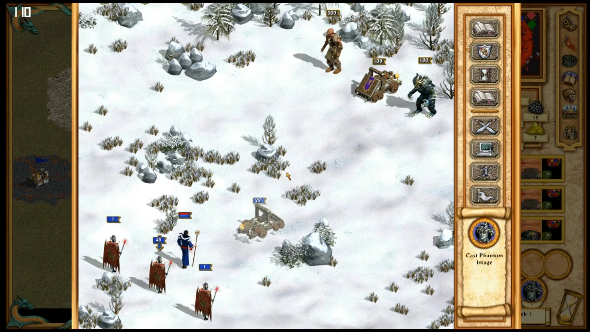 Gameplay screenshot of a snowy battlefield in Heroes of Might and Magic IV showing multiple units, including catapults and heroes, with a game interface and spell casting option
