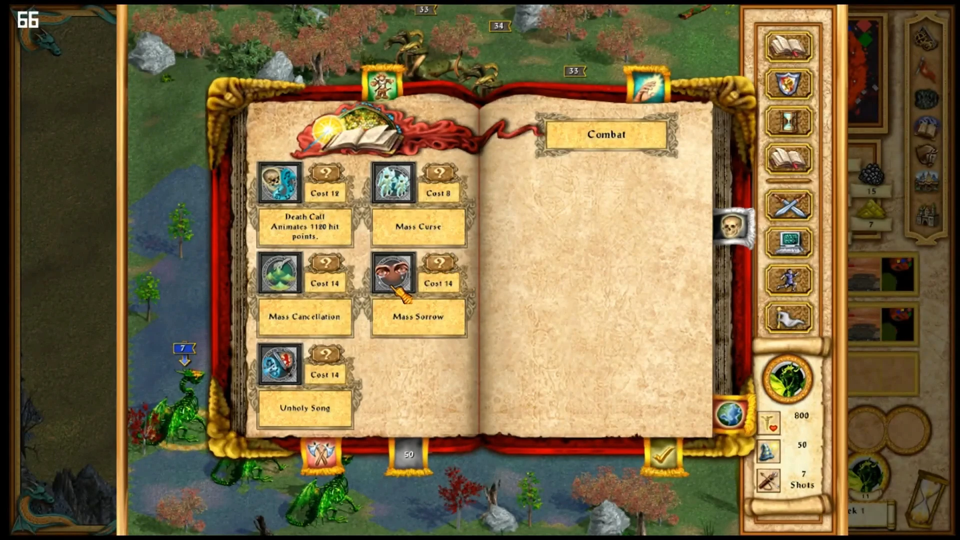 Open spellbook showing combat spells like Death Call and Mass Curse in Heroes IV Basic Mod gameplay