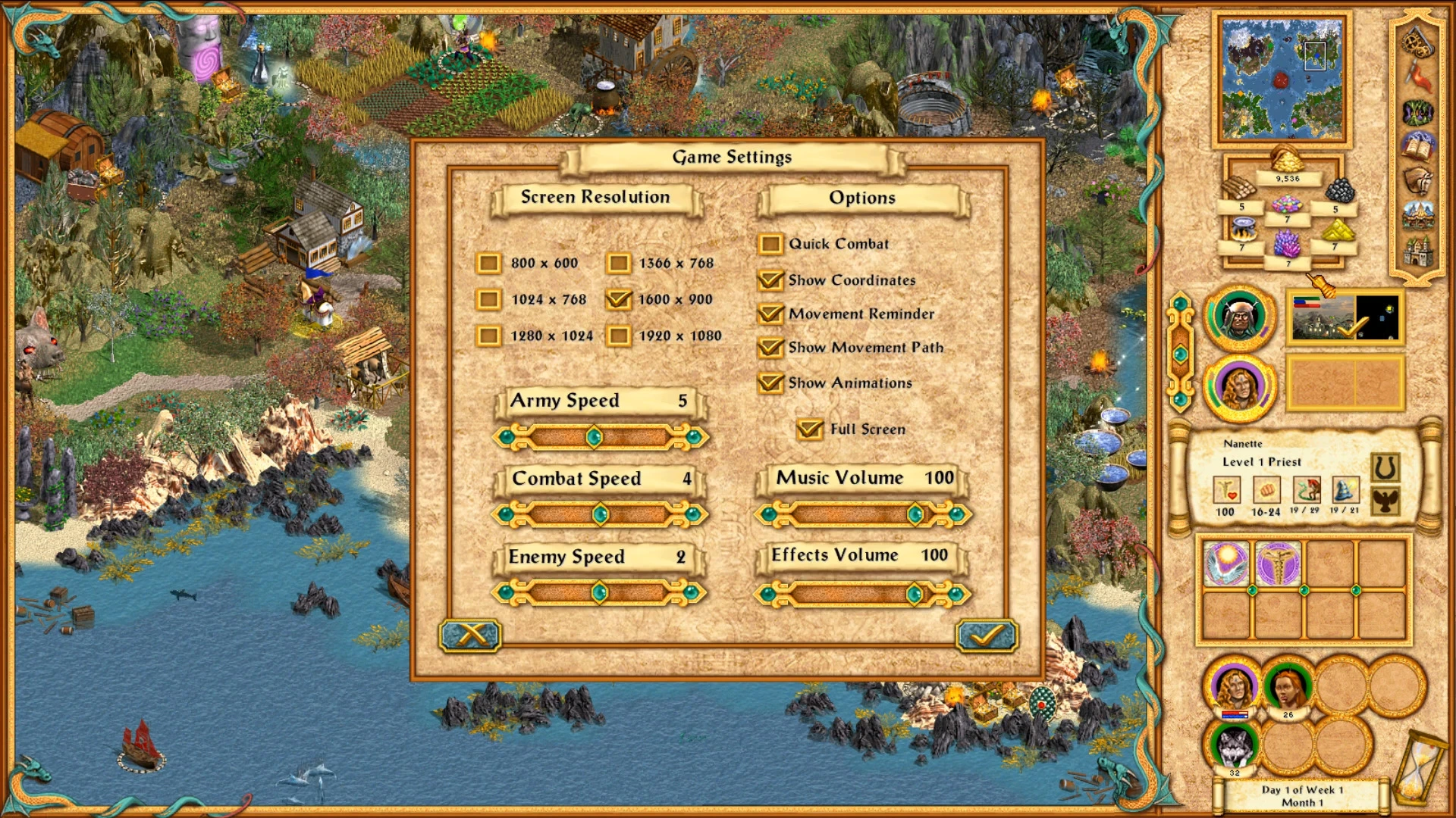 Heroes of Might and Magic IV Equilibris mod showing game settings menu with screen resolution and speed options